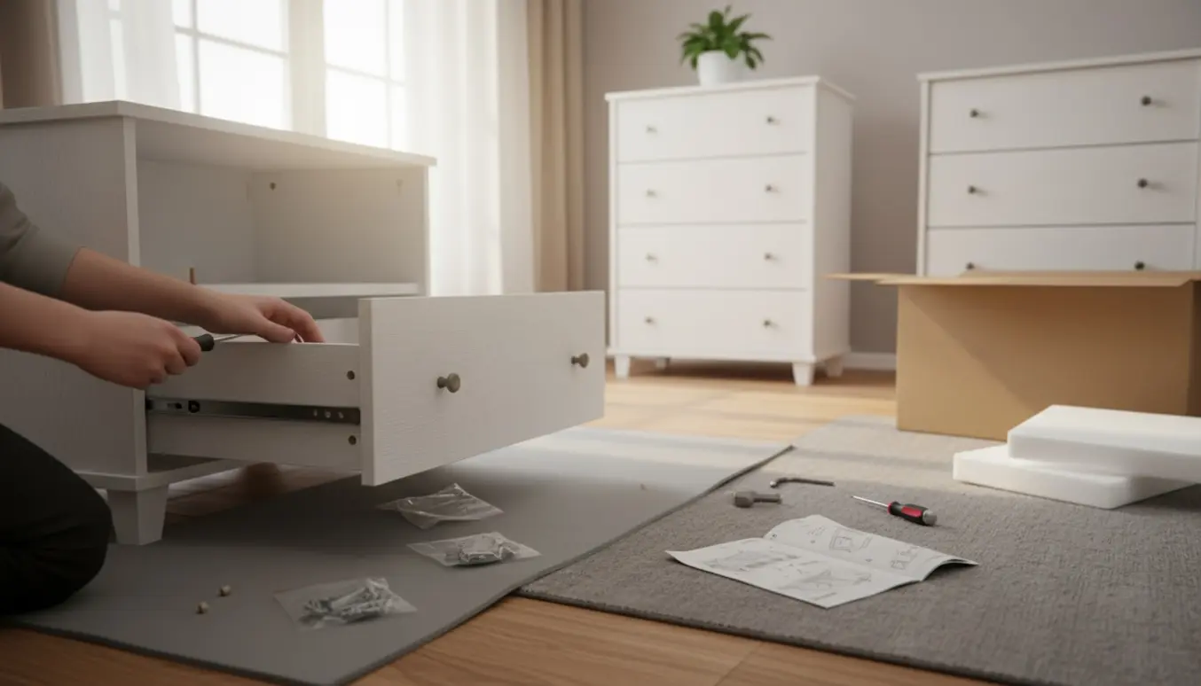 To hænder monterer skuffe og greb på en hvid kommode med to andre kommoder og værktøj i baggrunden.