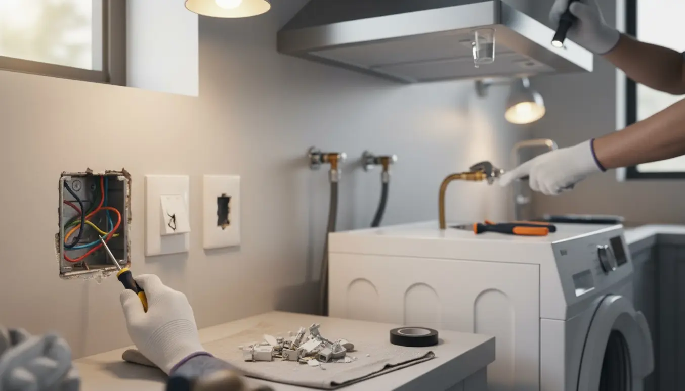 Tekniker uden synligt ansigt tilslutter en vaskemaskine, udskifter ødelagte stikkontakter og inspicerer en dryppende emhætte i et lyst bryggers.
