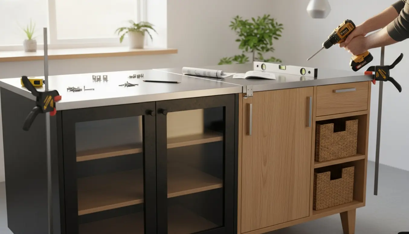 To køkkenøer samles i et lyst skandinavisk køkken, mens hænder arbejder med boremaskine og værktøj.