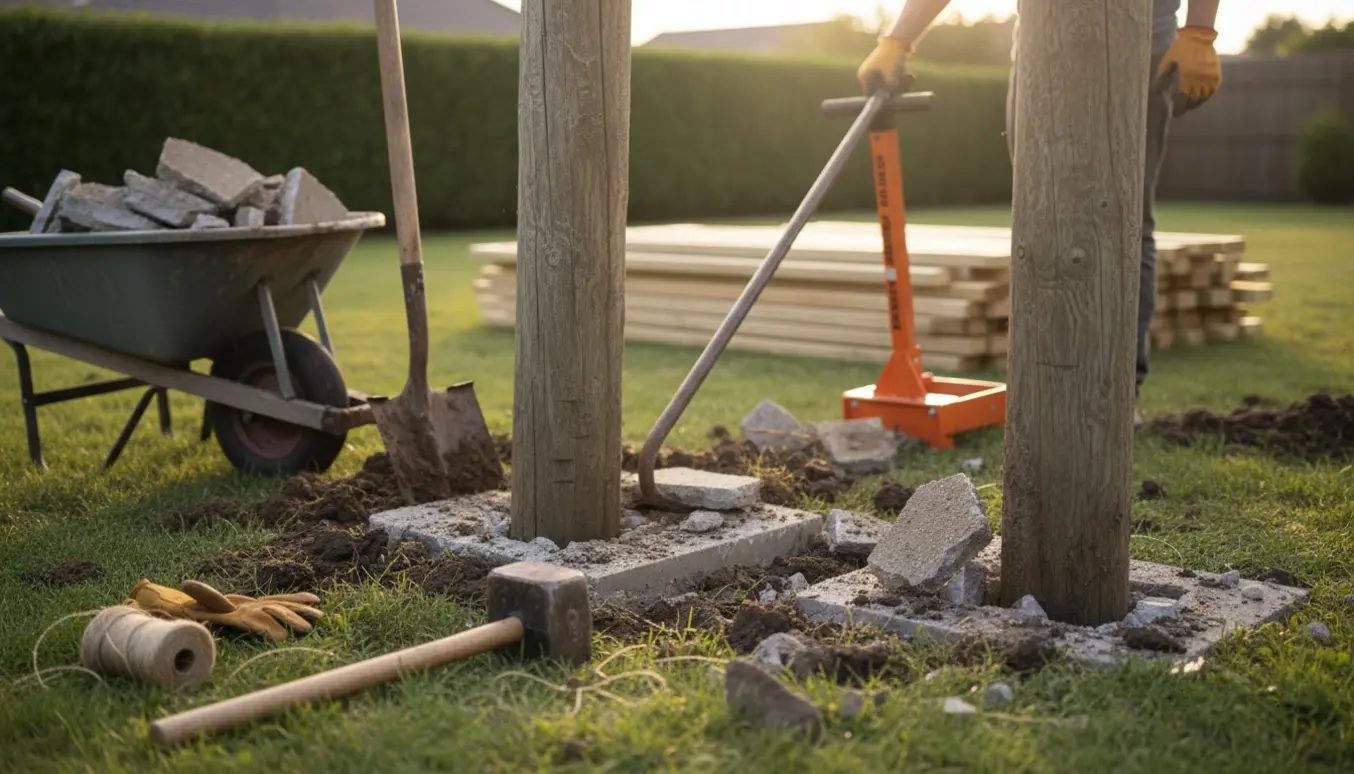 To delvist opgravede træhegnsstolper i beton med værktøj og trillebør i en forhave.