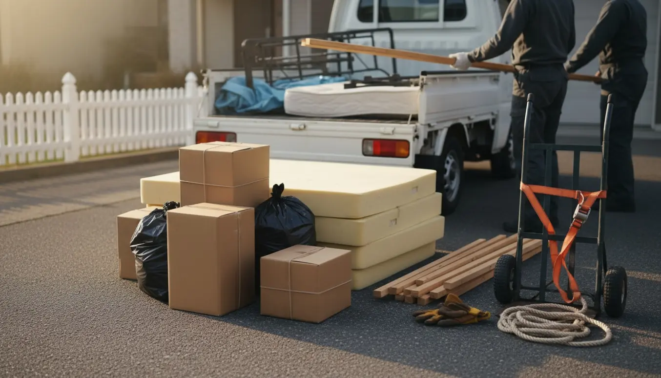 Pap, affaldssække og sengedele bliver læsset i en varevogn på en indkørsel.