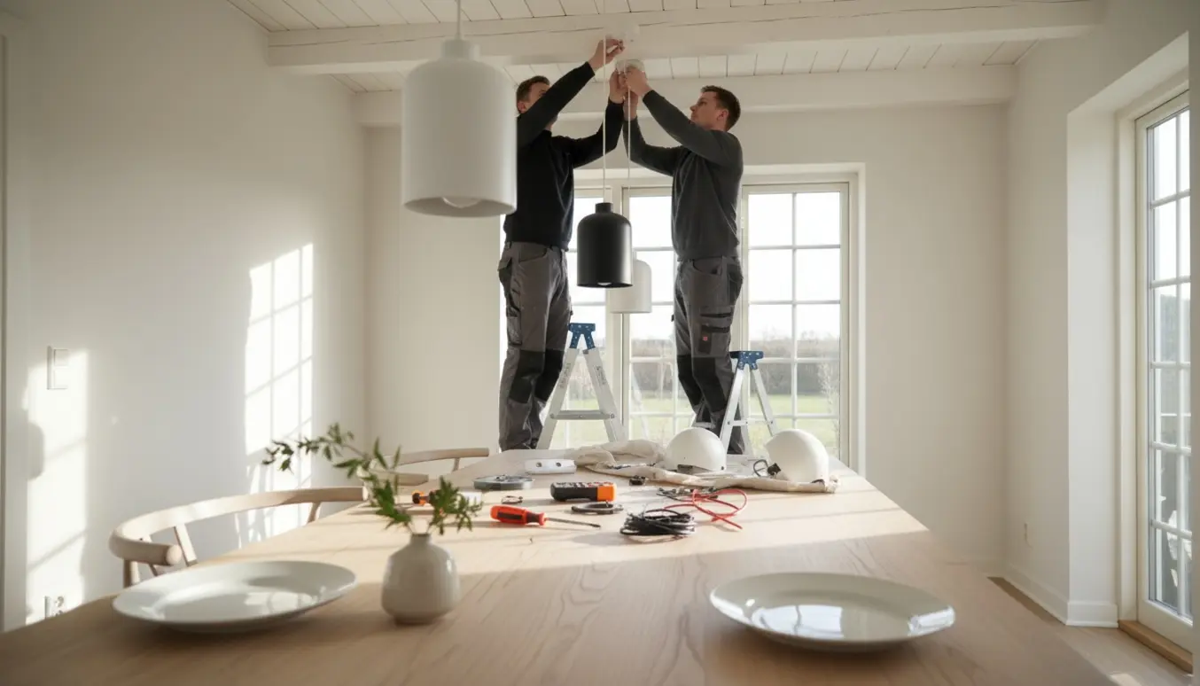 Hænder installerer to nye pendellamper over et træspisebord med værktøj og stige i et lyst rum.