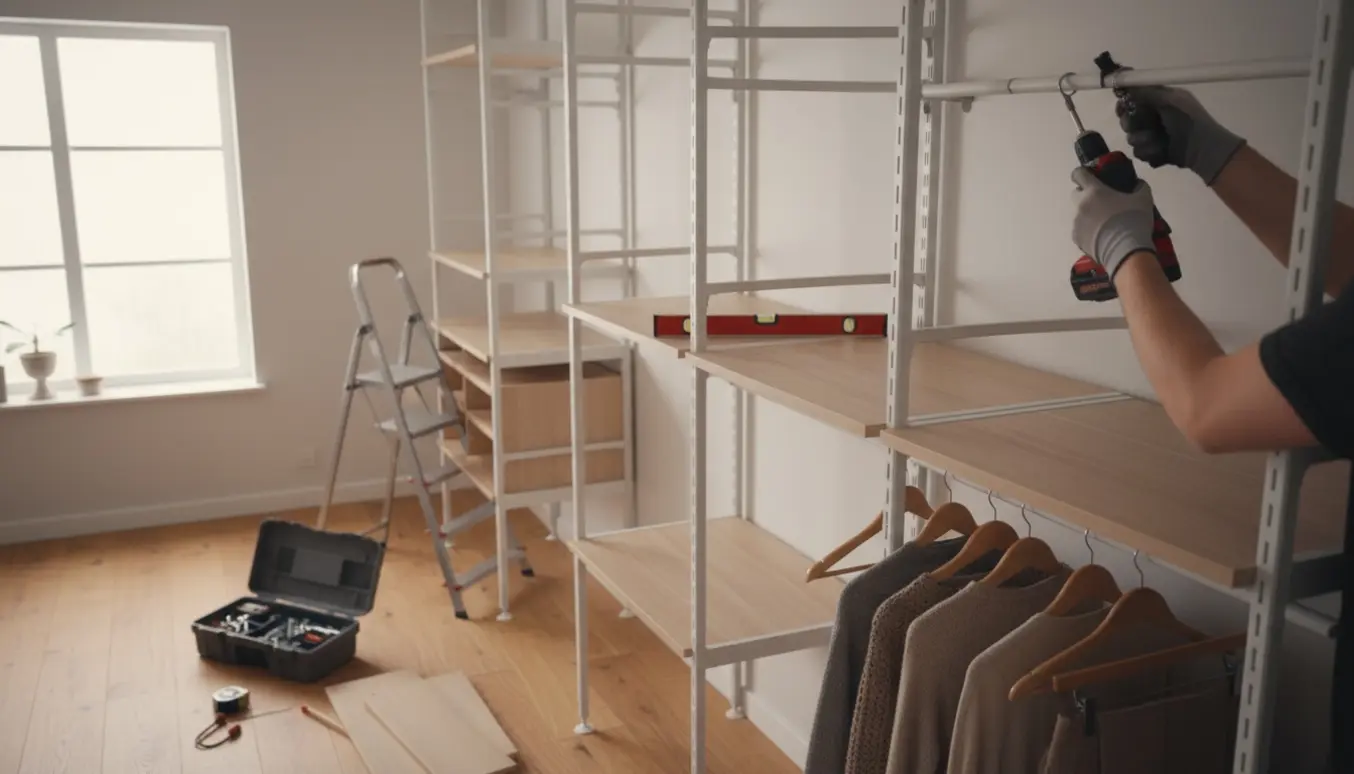 Lofthængt ELVARLI garderobesystem under montering med værktøj og hængende tøj i et lyst, skandinavisk rum.