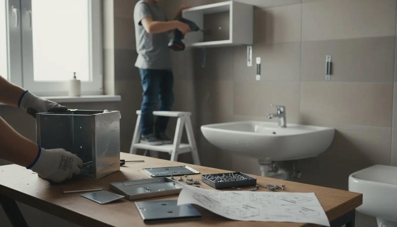 Hænder samler et lille metal skab og tager et vægskab ned i et lyst badeværelse med værktøj og skruer synlige.