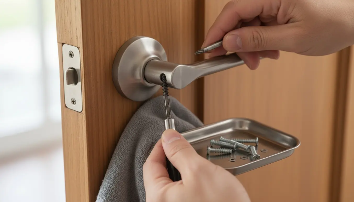 Nærbillede af hænder, der udskifter en ødelagt skrue i et dørhåndtag med skruetrækker og reserveskruer.