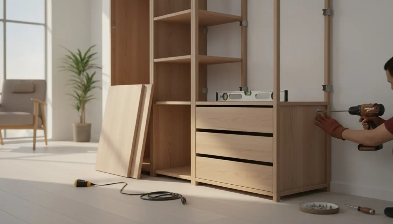 Delvist samlet garderobeskab med tre skuffer og hylder monteres på væggen, hænder bruger en boremaskine og værktøj ligger klar.