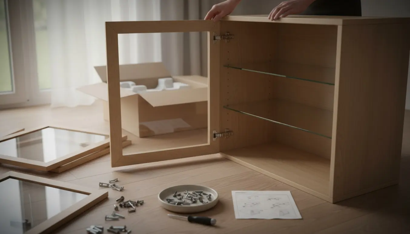 Delvist samlet vitrineskab med udlagte dele, en skruetrækker og hænder, der monterer et hængsel.