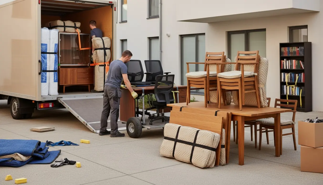 Flyttefolk læsser beskyttede møbler som spisebord, stole, senge, skriveborde og reol i en åben flyttebil.