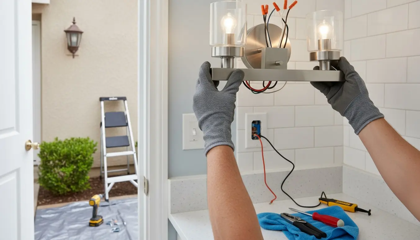 Nære hænder installerer badeværelseslampe og udskifter stikkontakt med fjernet udendørslampe og værktøj i baggrunden.