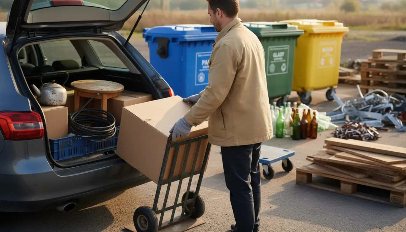 Person læsser skrald ud af en åben bilkuffert ved en genbrugsplads.