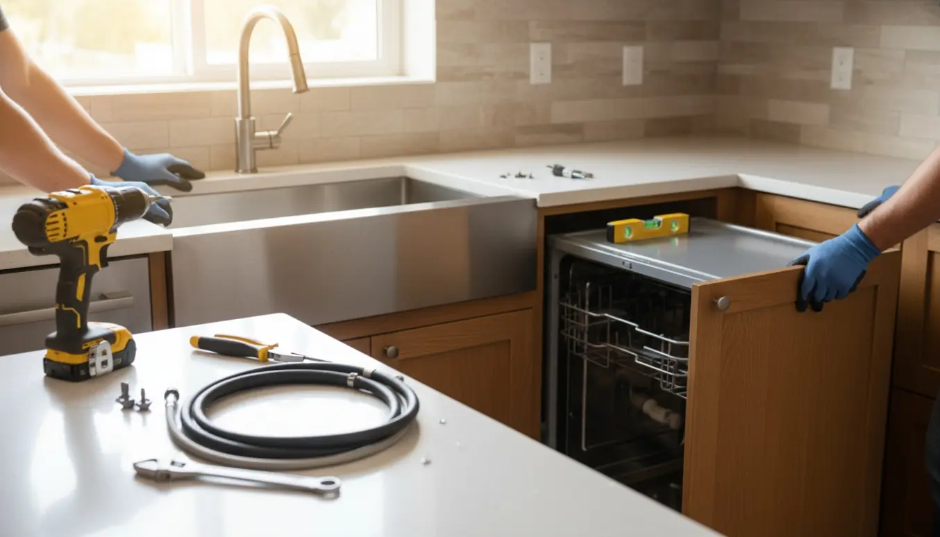 Hænder installerer en opvaskemaskine efter fjernelse af et underskab ved køkkenvasken.