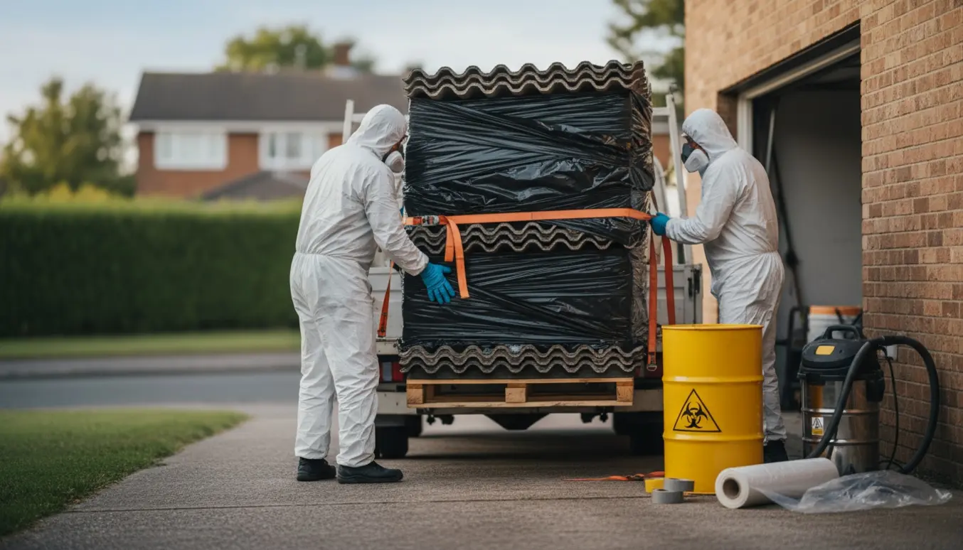 Indpakkede asbest B7-plader læsses på en lille lastbil af arbejdere i fuldt beskyttelsesudstyr.