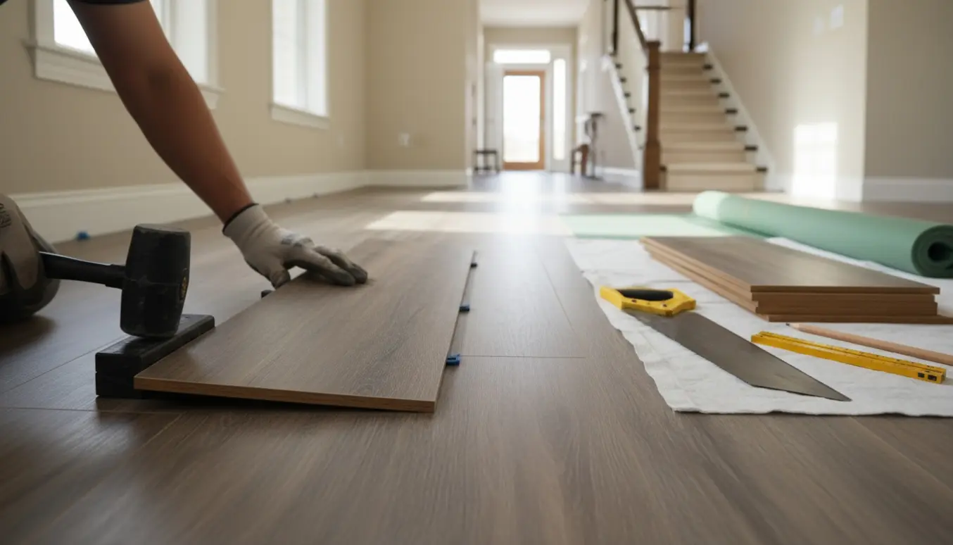 Udsnit af laminatgulv, hvor hænder arbejder med plankerne og værktøj i naturligt lys på 1. sal.