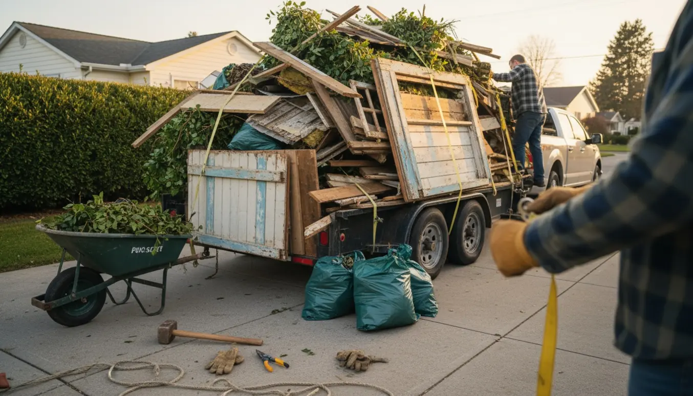 Lastet trailer med nedrevet gammelt skur og hækaffald i indkørsel, personer ses bagfra mens læsset sikres.