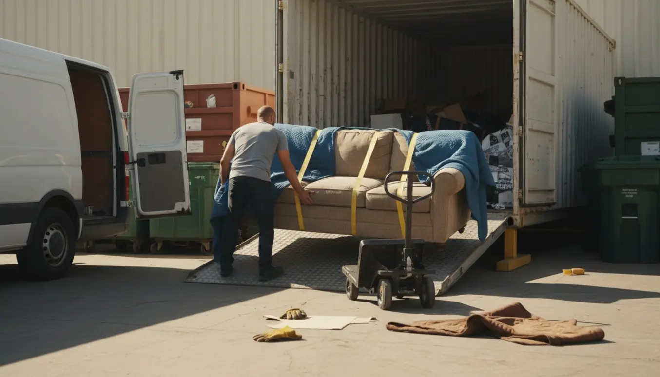 Tung trepersoners sofa pakkes i flyttetæpper og læsses på en varevogn ved en genbrugsplads.