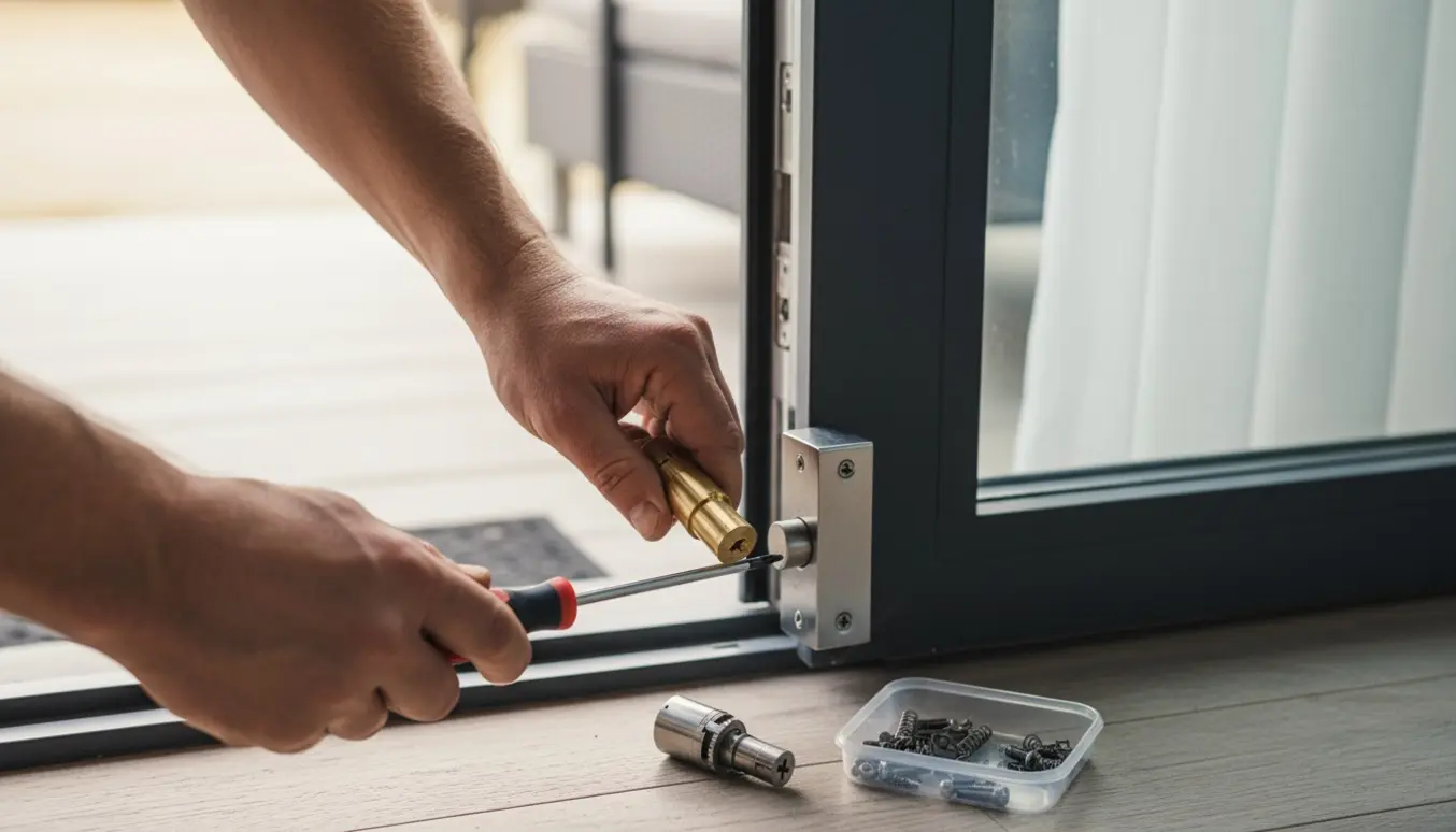 Hænder reparerer en cylinderlås i en yderdør med skruetrækker og reservedele på en bakke.