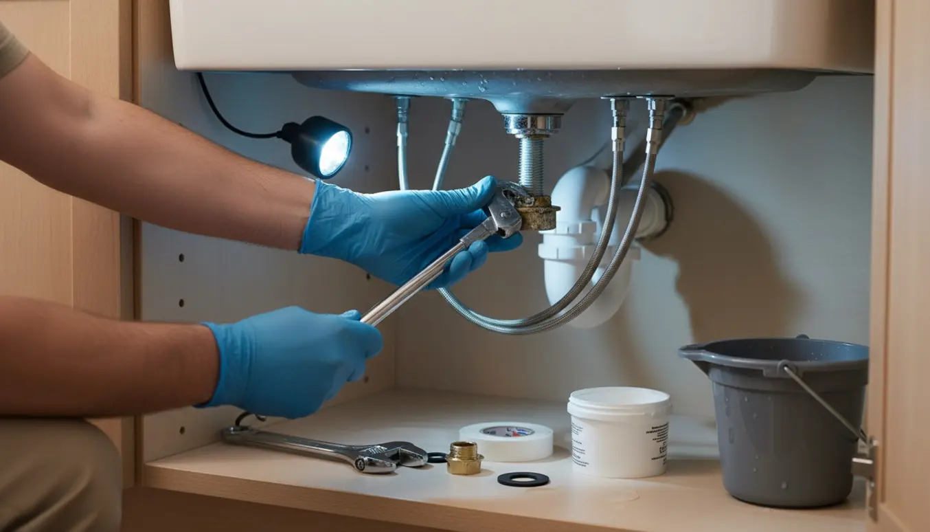 Hænder i handsker strammer monteringsmøtrikken under en løs vandhane i køkkenvasken.