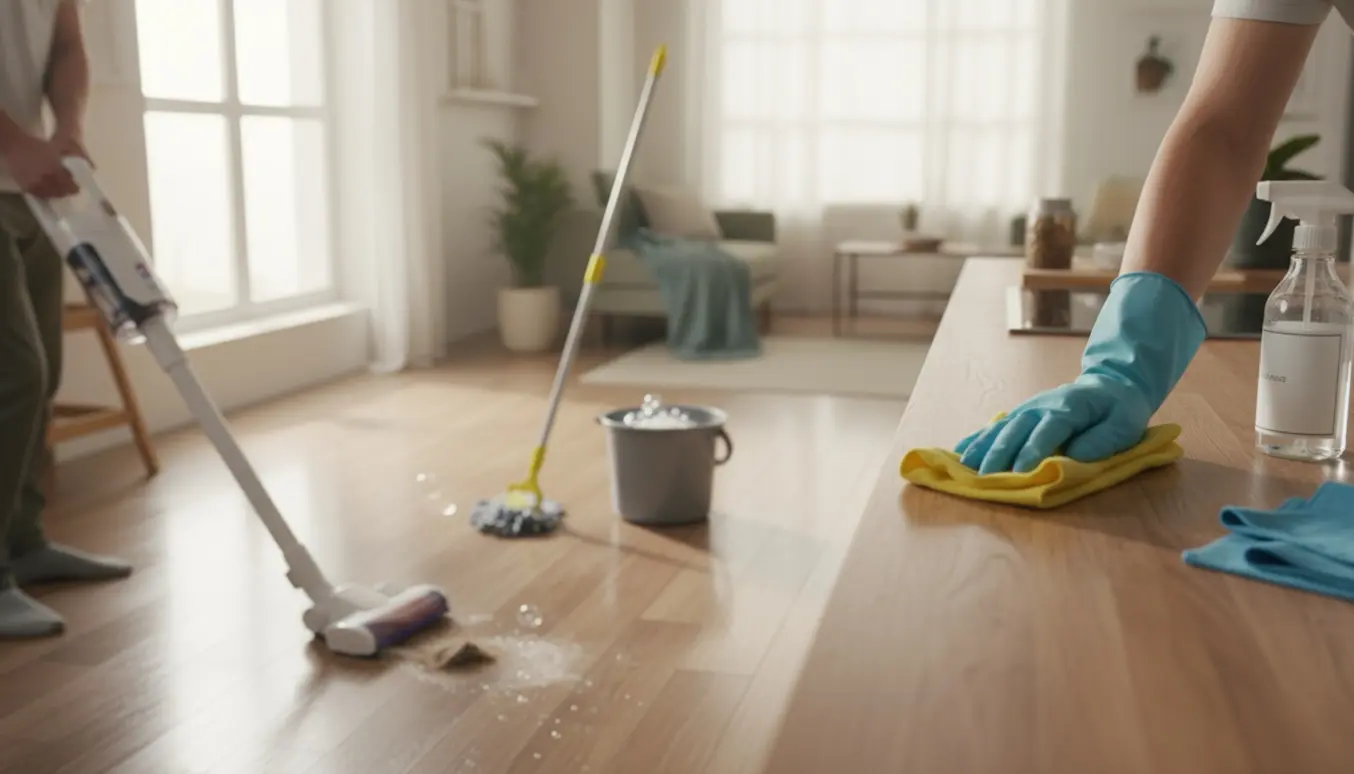 Hænder i gummihandsker rengør et lyst køkken med støvsuger og moppe i sollys.