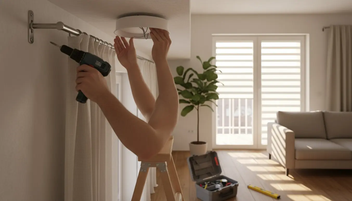 Hænder monterer en gardinstang i en lys stue med persienner på altandøren og en loftlampe der justeres.