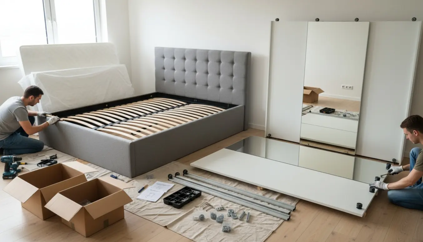 Delvist samlet kontinentalseng og skab med skydedør under montering i lyst soveværelse med værktøj og hænder i arbejde.