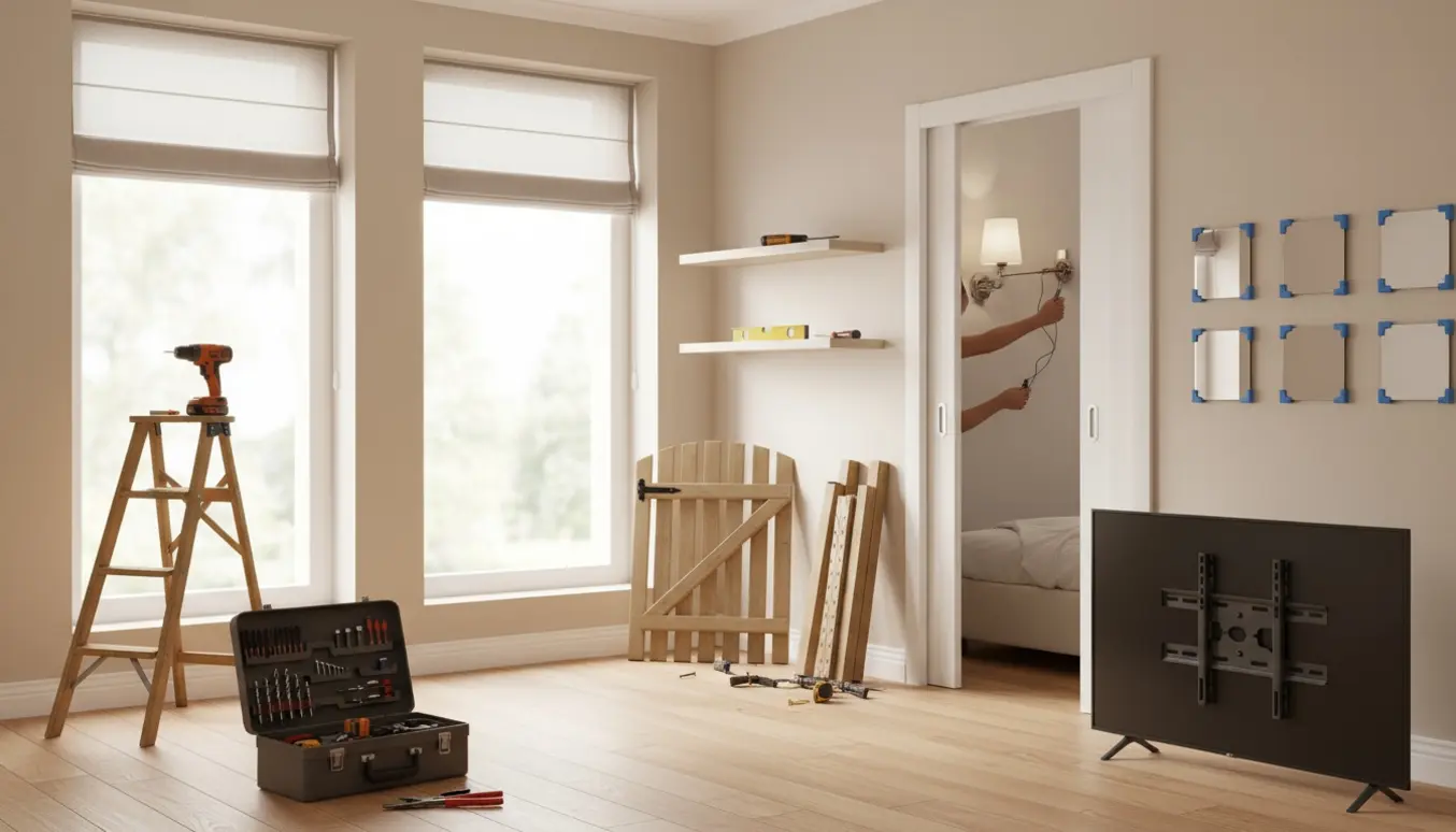 Hjemme-arbejde med værktøj og delvist monterede rullegardiner, hylde, havelåge, væglampe, skydedøre, spejle og et TV.