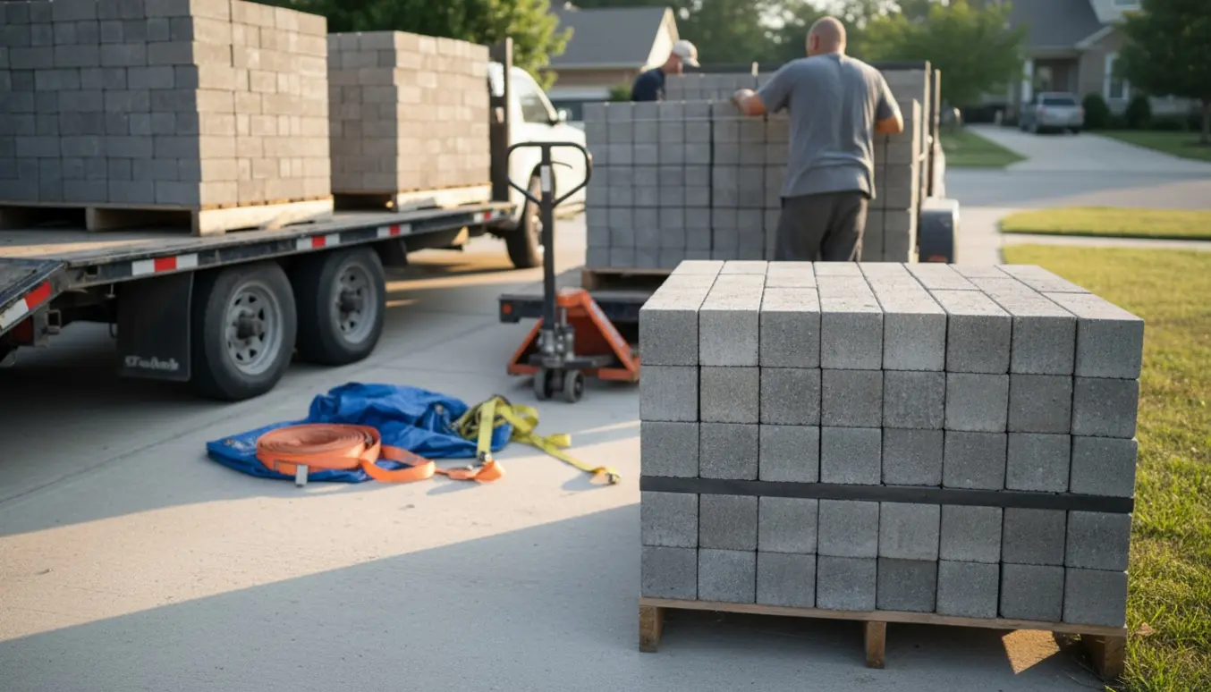 Stak af grå betonfliser læsset på paller ved en indkørsel, klar til transport.