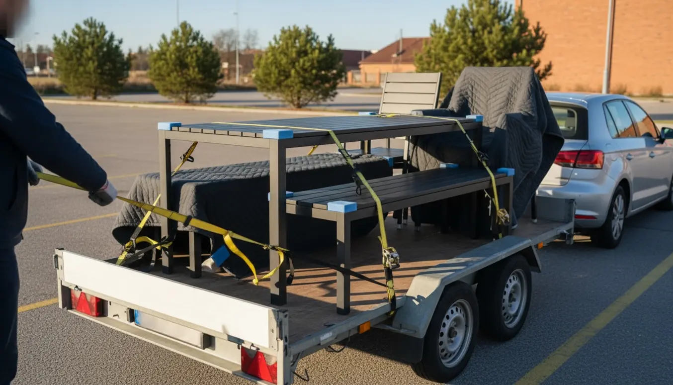 Et sort havemøbelsæt med bord, bænk og to stole sikres på en trailer i en solbelyst parkeringsplads.