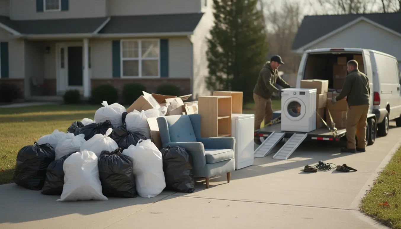 Fyldte sække, møbler og kasser læsses i varebil og trailer på en indkørsel ved afhentning af storskrald.