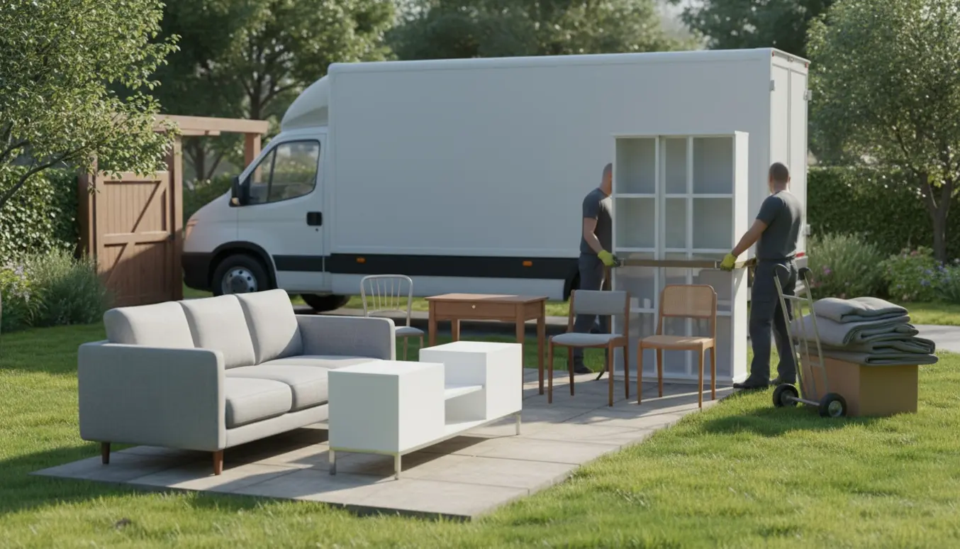 Møbler til afhentning i baghaven: sofa, vitrineskab, skrivebord, opbevaringsmøbel og fire stole ved en åben flyttebil.