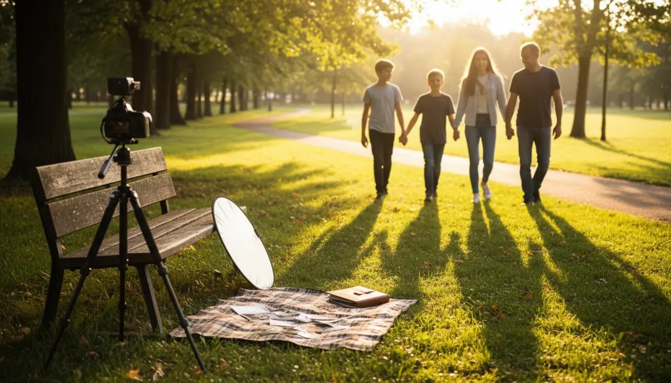 To voksne og to børn går hånd i hånd i en solbeskinnet park under en familiefotosession med kameraudstyr i forgrunden.