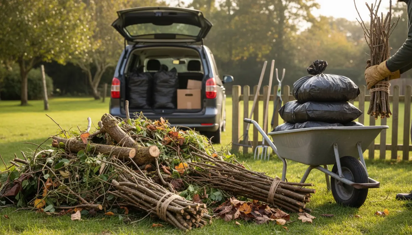 En person binder og læsser haveaffald i sække og bundter ved en åben bilbagklap.