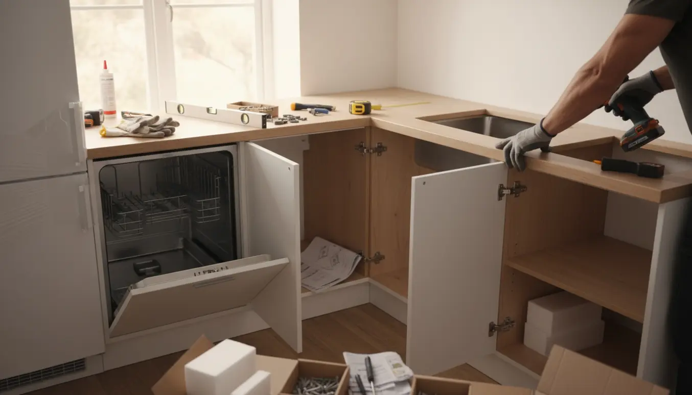 Montering af et lille fladpakket køkken med vask, opvaskemaskine, ovn og værktøj i naturligt dagslys.