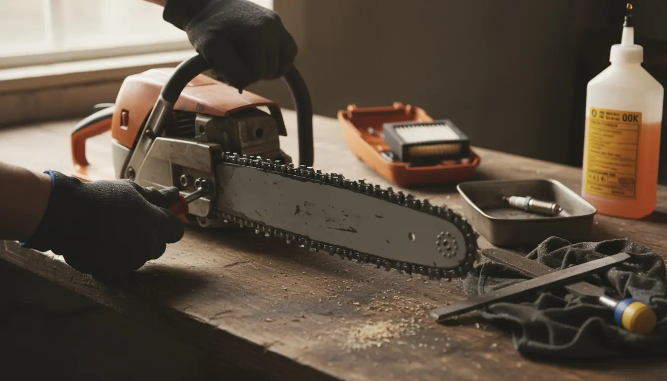 Hænder spænder kæden på en kædesav på et arbejdsbord i en garage.
