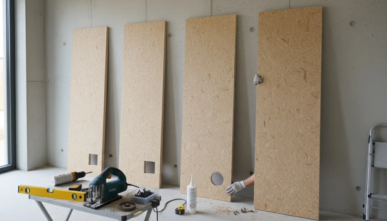 Fem akustikpaneler monteres på en letbetonvæg med værktøj, skruer og udskårne åbninger til stik og lampe.