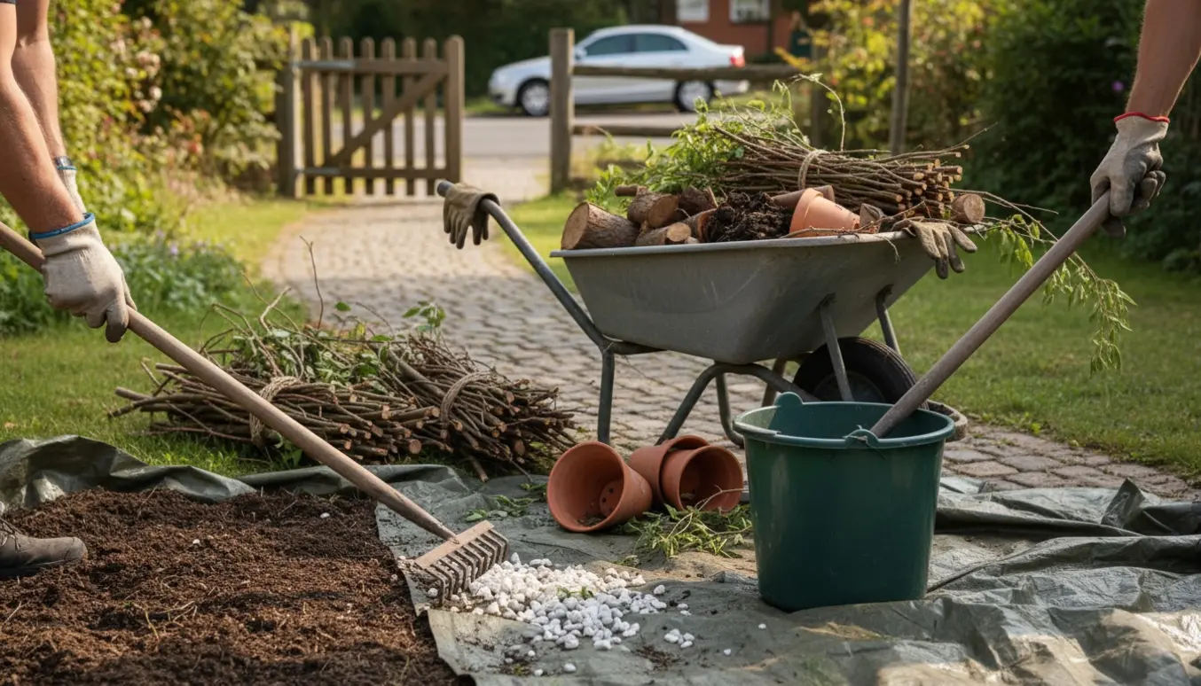Trillebør fyldt med haveaffald og hænder, der skraber hvide sten op i en spand på en snæver havegang.
