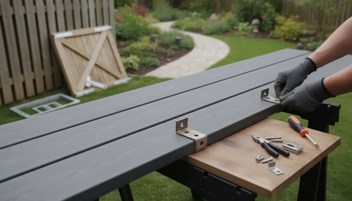 Nærbillede af antracitgrå vedligeholdelsesfri havelåge på værksted med hængsler og værktøj klar til montering.