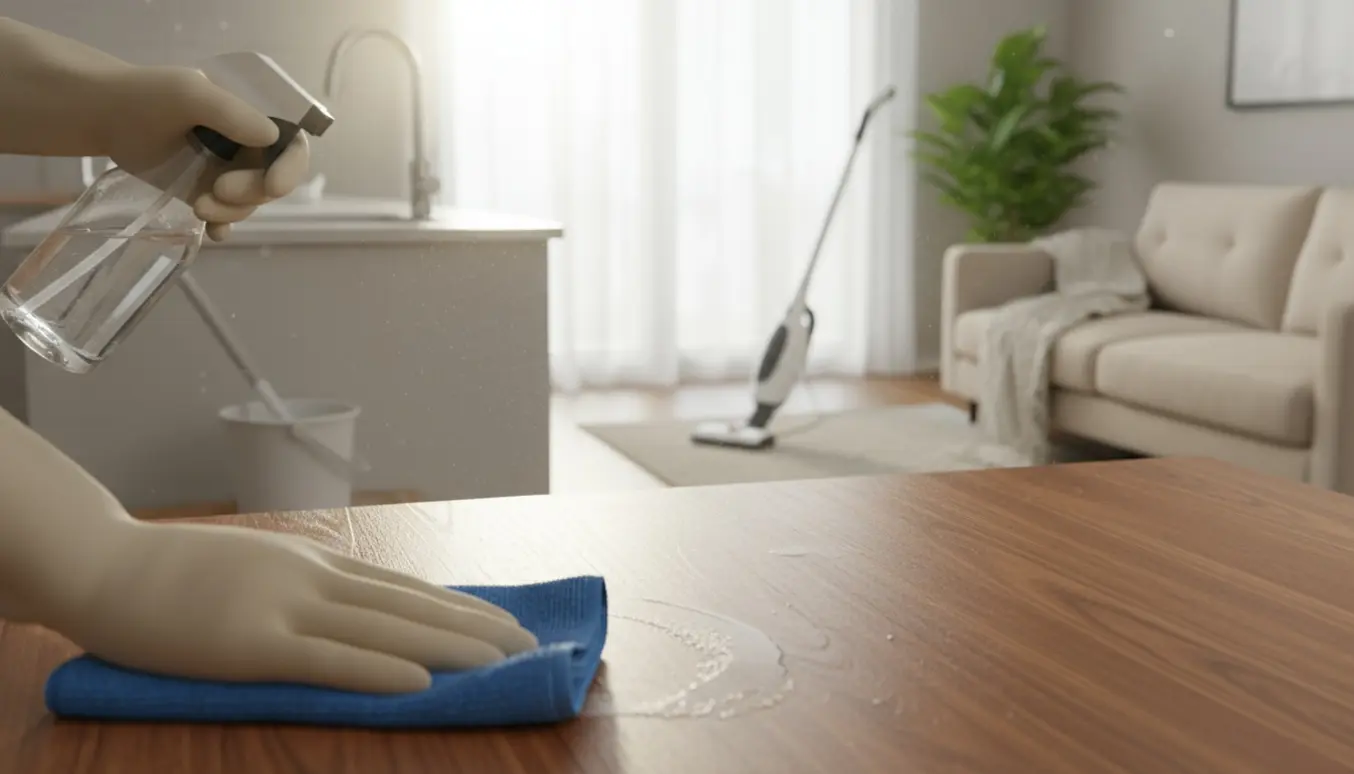 Nærbillede af hænder, der tørrer et spisebord i en lys toværelses lejlighed under grundig rengøring.