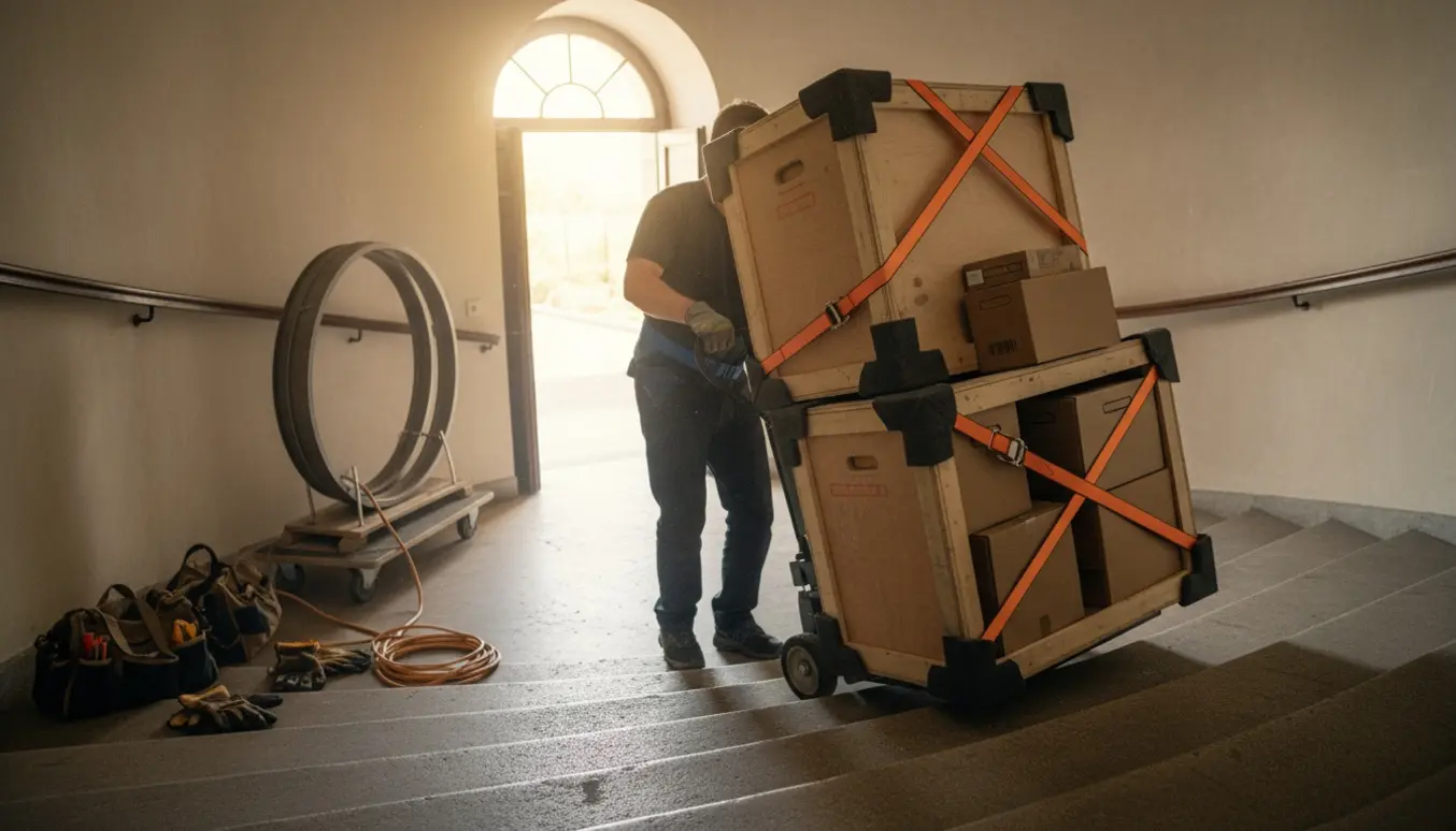 Flyttemænd bruger trappevogn og surringsstropper til at bære tunge kasser og to store ringe ned ad en trappe.