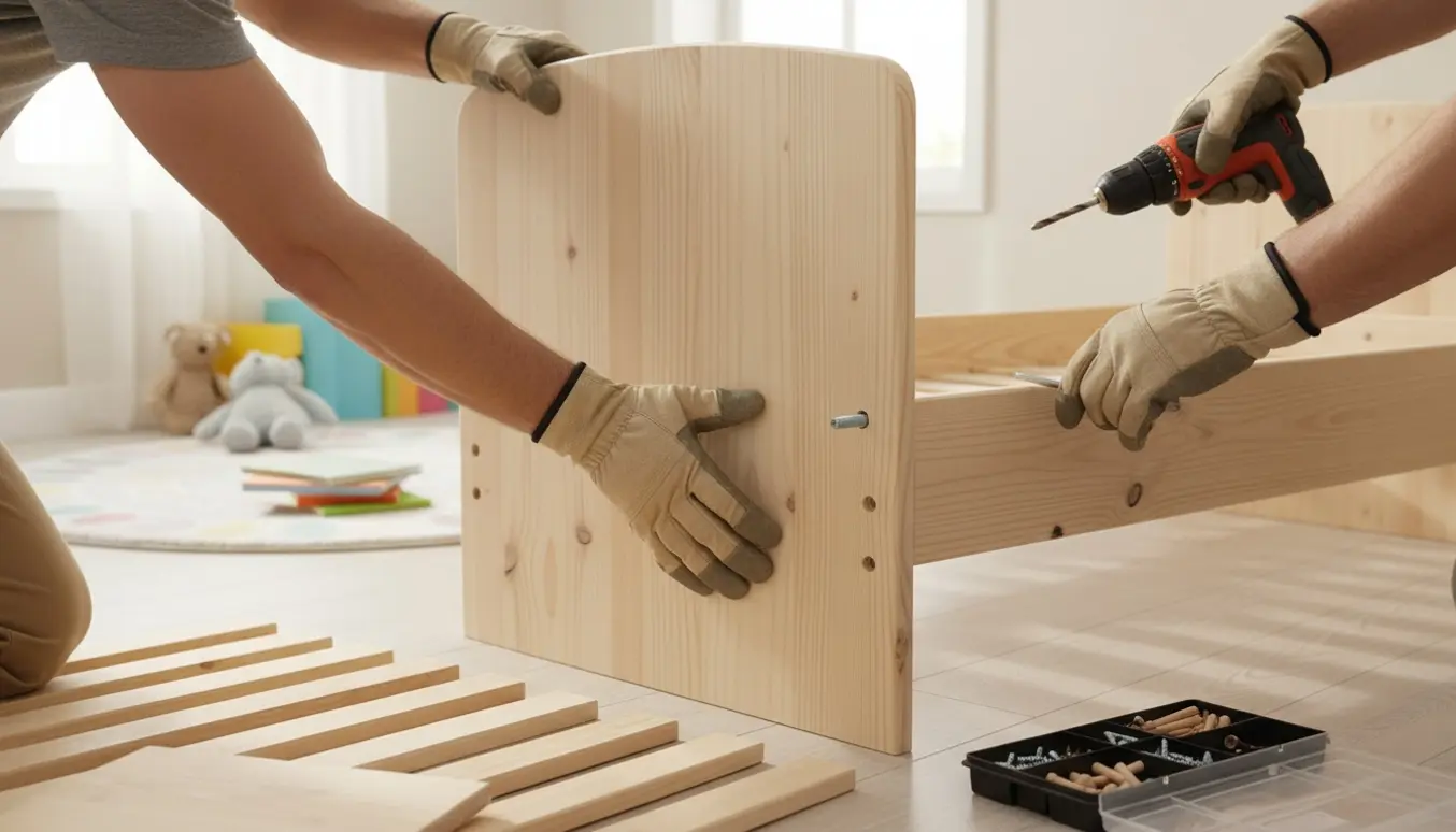 To personer samler en tung juniorseng i et solfyldt børneværelse med værktøj og træpaneler.