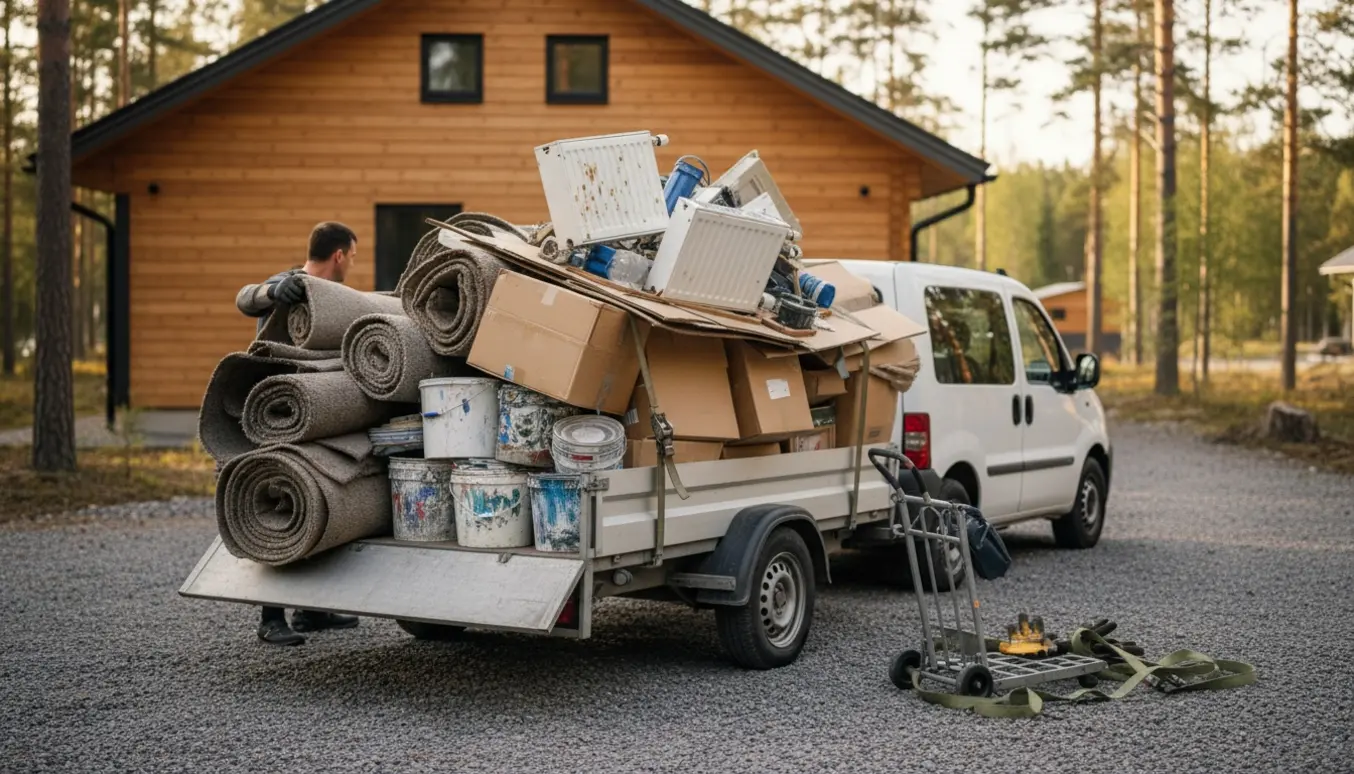 Trailer og varebil ved et sommerhus fyldt med byggeaffald som tæpper, pap, træ, malerspande og små radiatorer.
