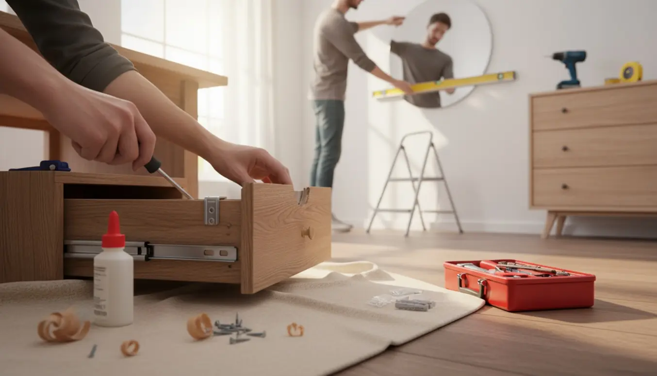 Hænder reparerer en skrivebordsskuffe og hænger et spejl i et lyst hjemmekontor.