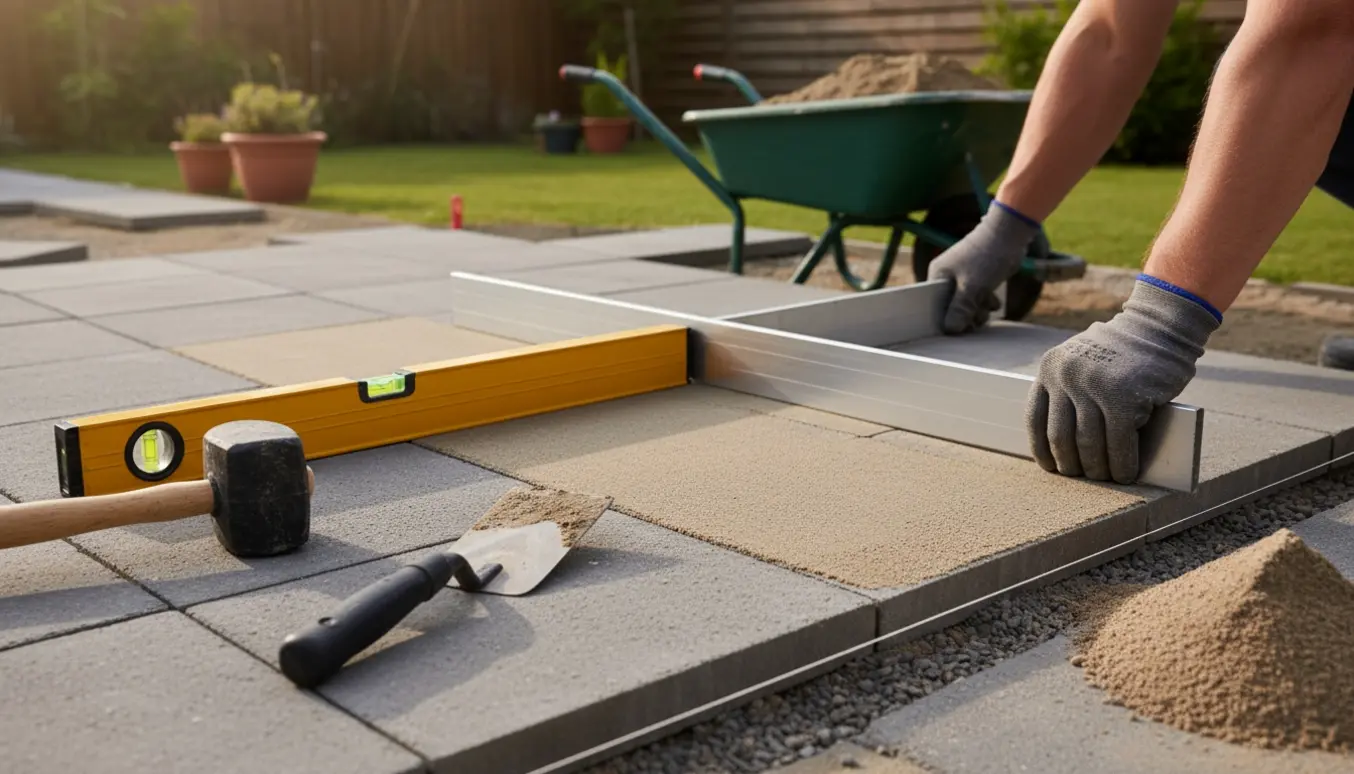 Hænder retter fliser med en aluminiumsrende og vaterpas på en ny terrasse i naturligt dagslys.