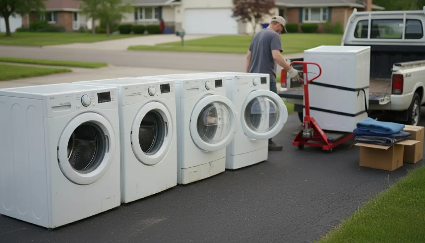Gamle vaskemaskiner, tørretumblere og opvaskemaskiner stablet i indkørsel klar til afhentning.