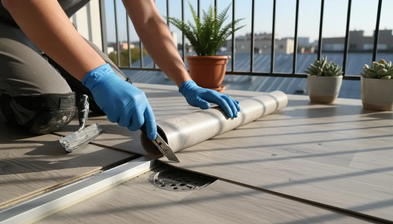 Hænder trimmer og lægger lysegrå vinyl på en altan i naturligt dagslys.