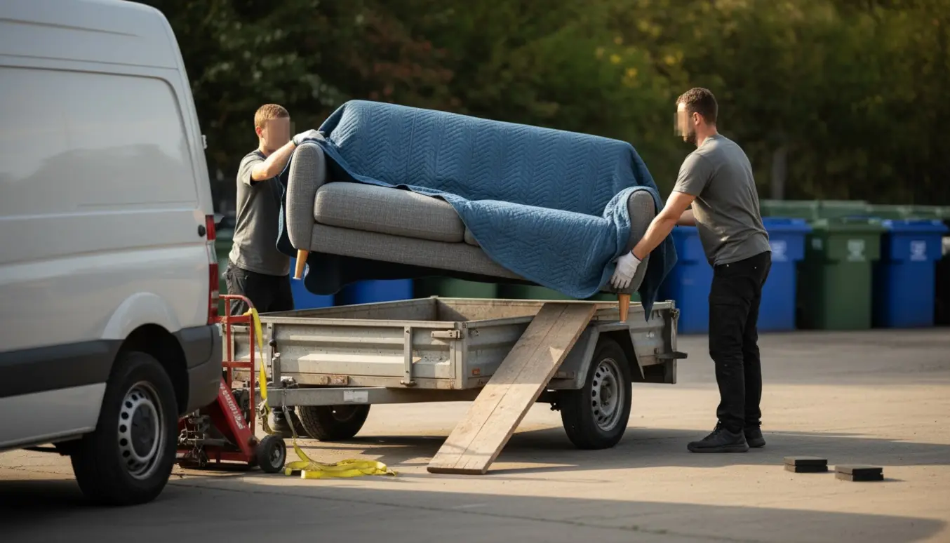 To personer læsser en sofa på en varevogn med trailer ved en genbrugsplads, set bagfra.