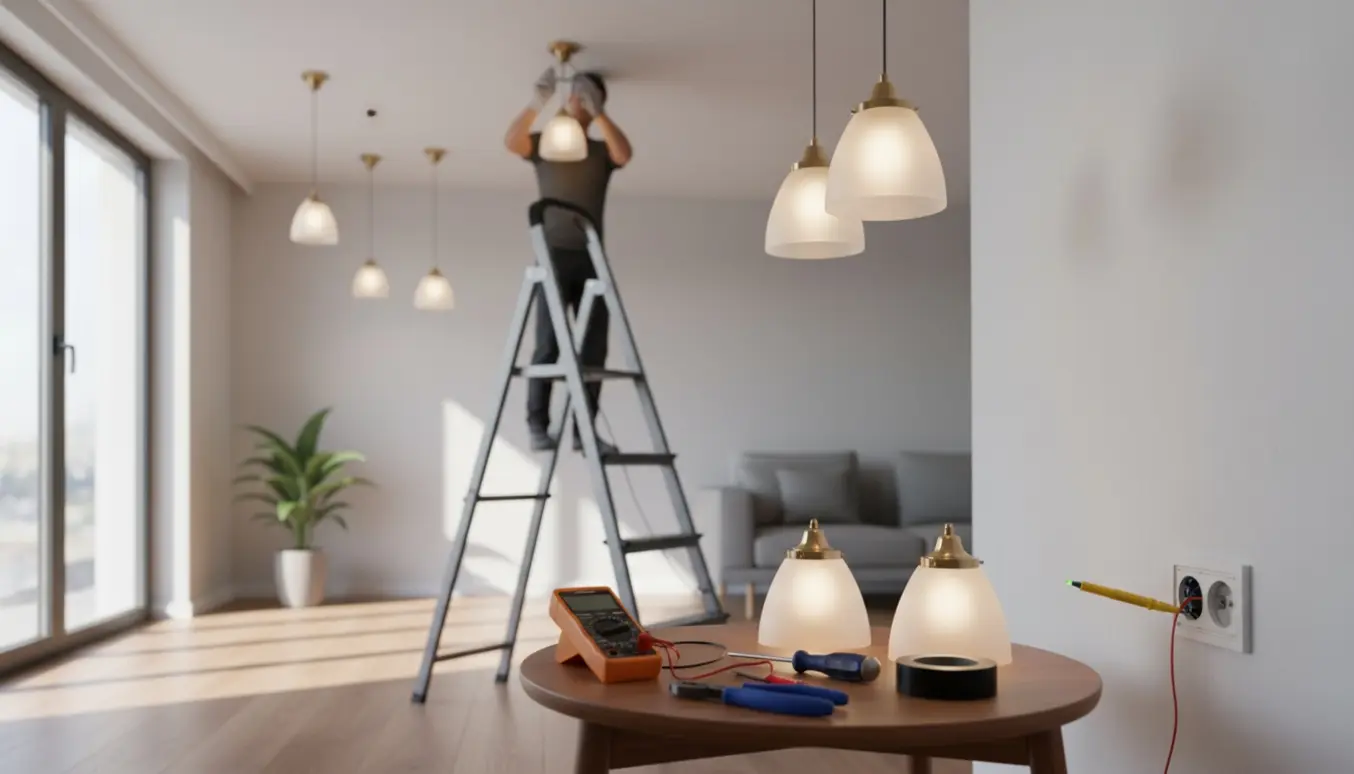 Person på en stige installerer loftslamper og tjekker en defekt stikkontakt i en moderne stue.