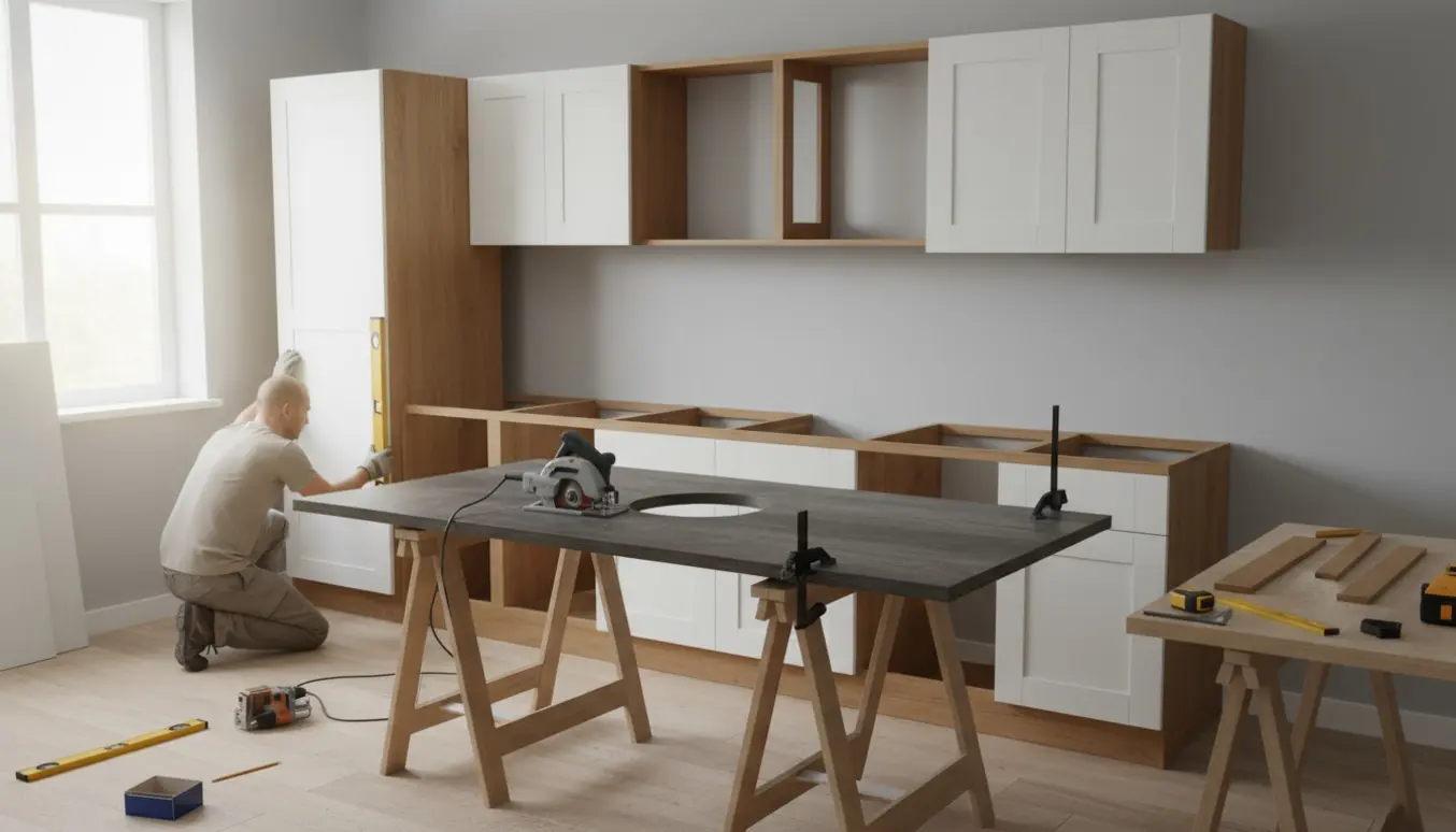 Montage af køkkenskabe med tilpasset bordplade og værktøj, hænder justerer et overskab.
