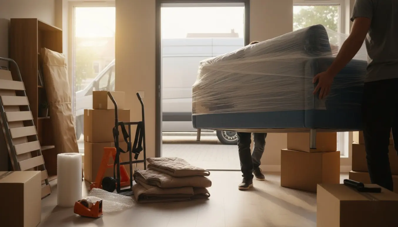 Flyttemænd bærer en indpakket sofa gennem en lys lejlighed med stabler af flyttekasser og pakket møblement.