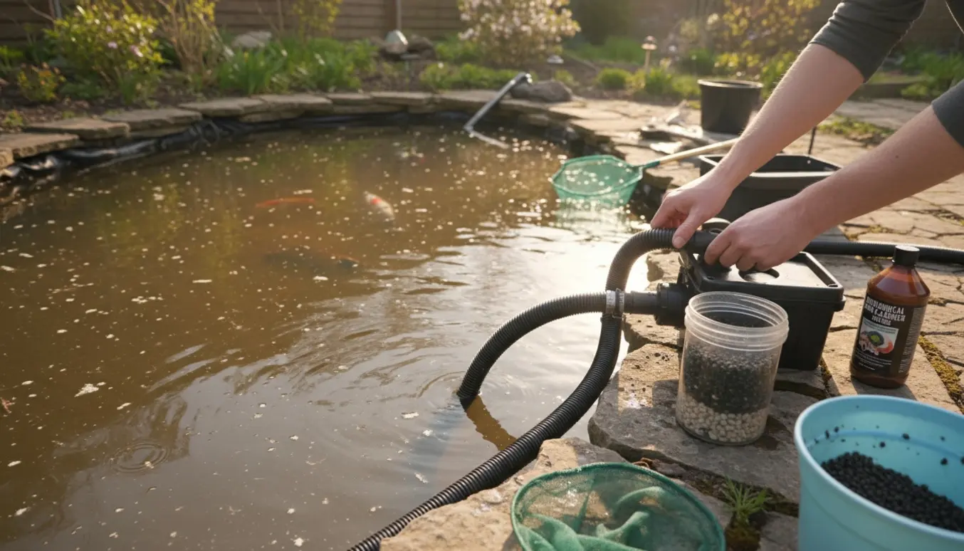 Forårsklargøring af havedam med pumpe, filter, net og hænder, der fjerner uklart vand.