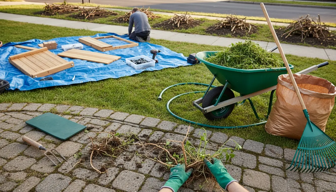 Solbelyst havearbejde med fjernelse af ukrudt mellem fliser, nedtagning af gammelt legetårn og oprydning af skrænt ved fortovet.